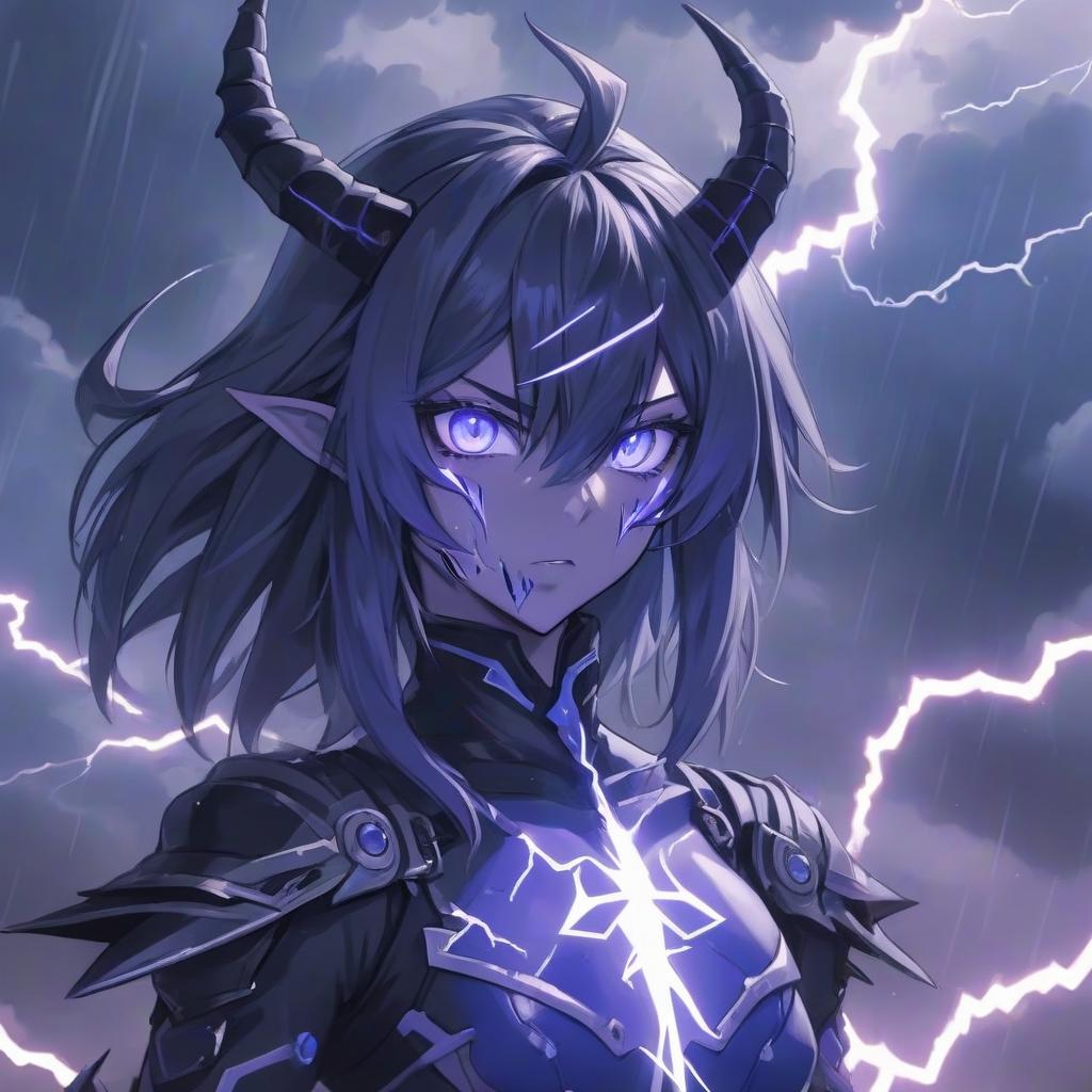  a that is standing in front of some lightning, an anime drawing, gothic art, demon black blue purple, discord profile picture, avatar image, cybernetic demon