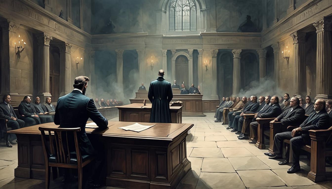  on parchment, surrealism+++, dimly lit courtroom, empty benches, solitary figure head bowed, heavy aura of guilt and recognition(mysterious, provocative, symbolic,muted color)+++