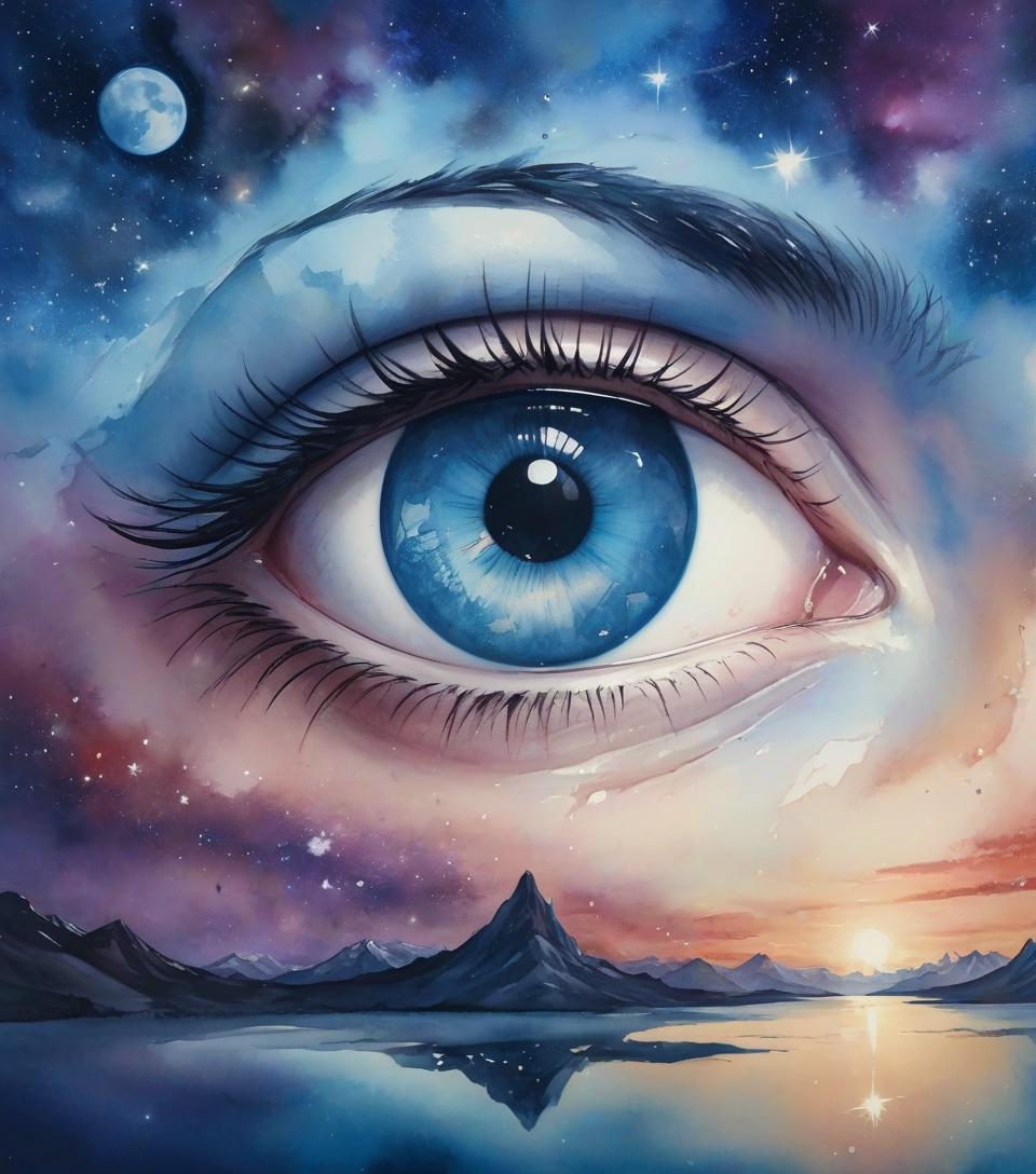  hyperrealistic art watercolor, eye, surrealism, bright stars in the sky . extremely high resolution details, photographic, realism pushed to extreme, fine texture, incredibly lifelike