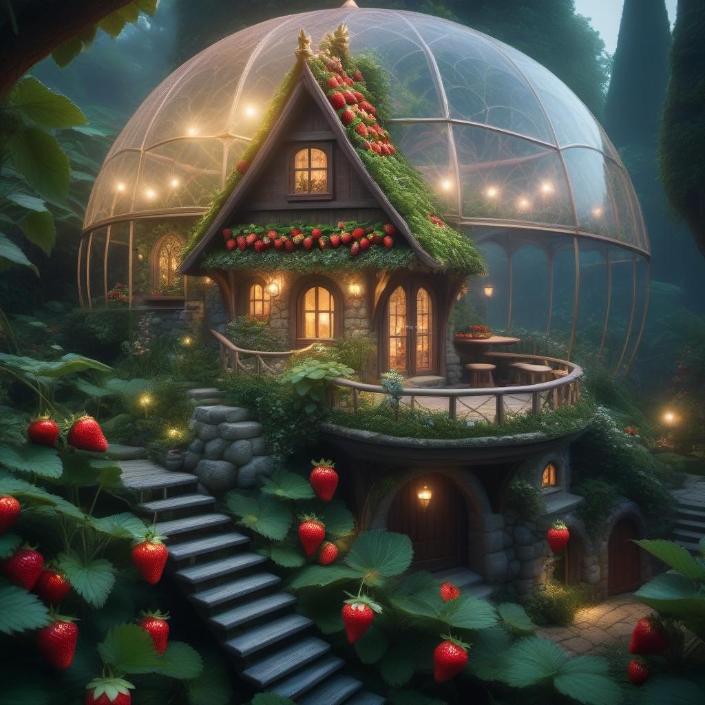  Fairy-tale house of an elf surrounded by a garden with strawberries hyperrealistic, full body, detailed clothing, highly detailed, cinematic lighting, stunningly beautiful, intricate, sharp focus, f/1. 8, 85mm, (centered image composition), (professionally color graded), ((bright soft diffused light)), volumetric fog, trending on instagram, trending on tumblr, HDR 4K, 8K