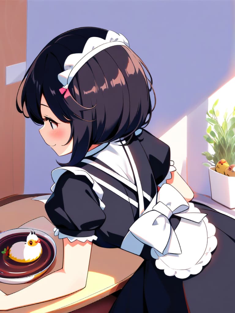  (beautiful girl:1.7)(black hair color:2.0)(medium hair:2.0)(smile:1.7)(in cute maid outfit:2.0)((with cockatiels around:2.0))masterpiece,high quality,super analysis,16k