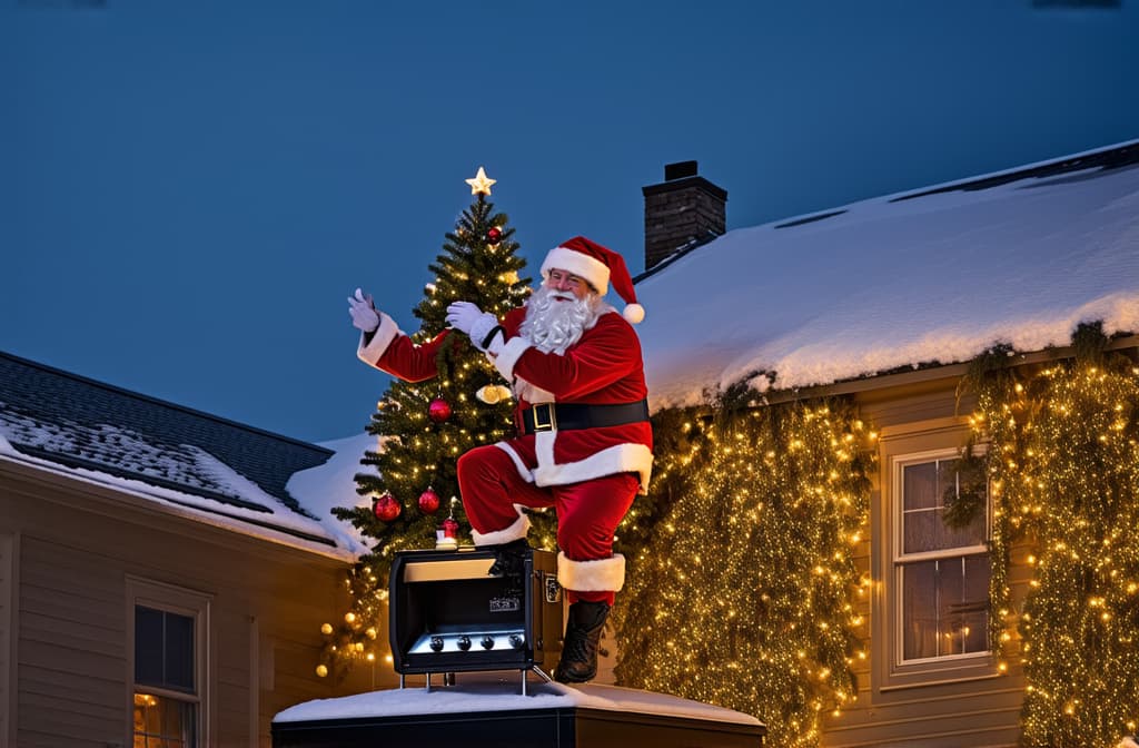  professional detailed photography, happy santa climbing into a smoker on a snowy american house roof with festive lights in the background ar 3:2, (muted colors, dim colors, soothing tones), (vsco:0.3)