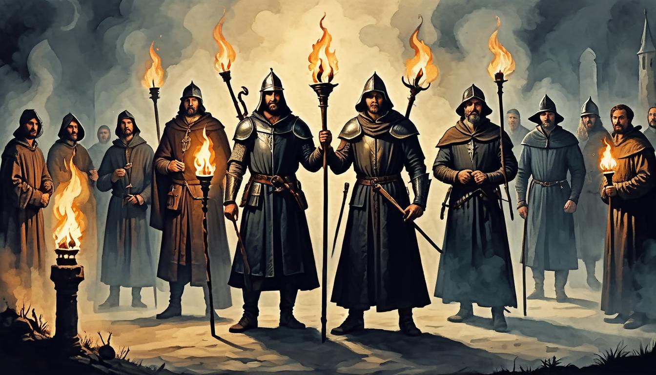  on parchment, surrealism+++, a diverse group of individuals in medieval attire, standing united, torches alight, midnight meeting, determined expressions, committed, intense(mysterious, provocative, symbolic,muted color)+++