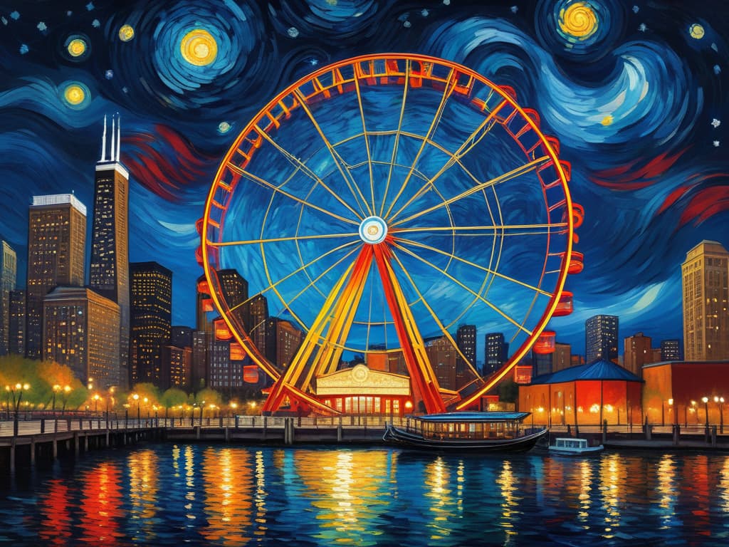  concept art chicago’s centennial ferris wheel, chicago’s navy pier, van gogh's starry starry night with colorful red and orange swirls in the beautiful night sky, chicago skyline with colorful van gogh swirls in the sky, hyper realistic, chicago skyline, mesmerizing, intricate details, flambient golden and red sunrise, dramatic lighting, epic composition, wide angle, cinematic, masterpiece, high resolution, sharp details, best quality, 4k, raw photo, van gogh influence, studio lighting, impressionist, bold colors, starry sky, architectural elements, medium format lens, high angle, cityscape, city life, metropolitan, van gogh's brushstrokes, van gogh's shadows, van gogh's colors, van gogh's textures, nighttime, city scene, streets, night