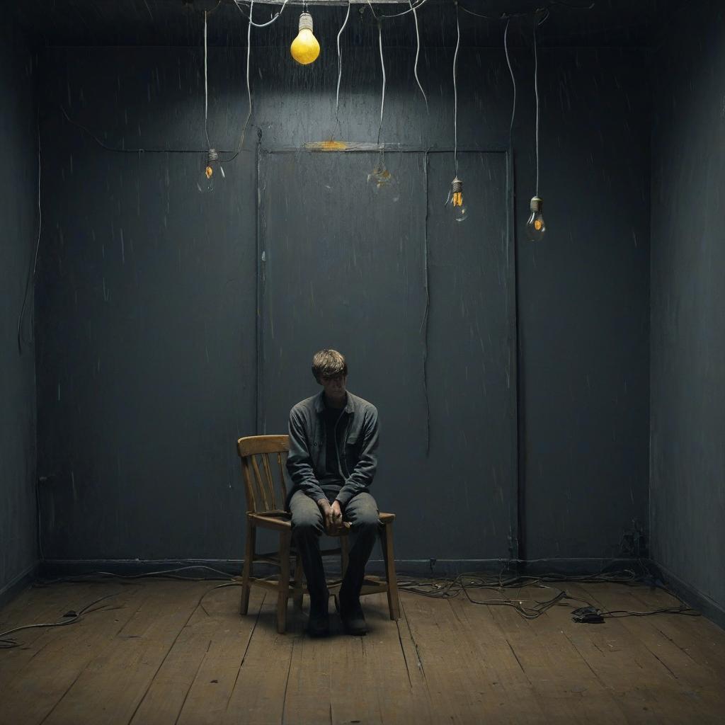  it's a dark gray room with almost no belongings. in the middle, a guy sits on a regular wooden chair and is very sad, looking at the floor. above him on the wire hangs a light bulb that burns yellow. there's a window on the wall. it's raining outside