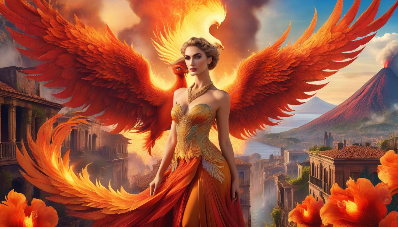  concept art (digital image, double exposure, masterpiece:1.3). (a beautiful girl in the image of a phoenix in vintage clothes, magnificent wings behind her back, expressive beautiful eyes, a look at the viewer:1.6). red ((fiery rivers of lava)), small rounded houses with pointed roofs. (background: eruption of vesuvius:1.4). a fascinating sight, (flowers from the flames:1.4), bright accents. revival. (in the style of josephine wall:1.5). high detail, realistic fantasy, 1024k resolution, hdr. . digital artwork, illustrative, painterly, matte painting, highly detailed, glowneon, hkmagic hyperrealistic, full body, detailed clothing, highly detailed, cinematic lighting, stunningly beautiful, intricate, sharp focus, f/1. 8, 85mm, (centered image composition), (professionally color graded), ((bright soft diffused light)), volumetric fog, trending on instagram, trending on tumblr, HDR 4K, 8K