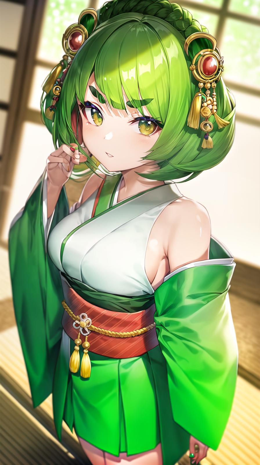  master piece , best quality,green hair, bobbed hair, girl, round eyebrows, on brow pats, japanese clothes, talebrow, talebite eyes, frontal view