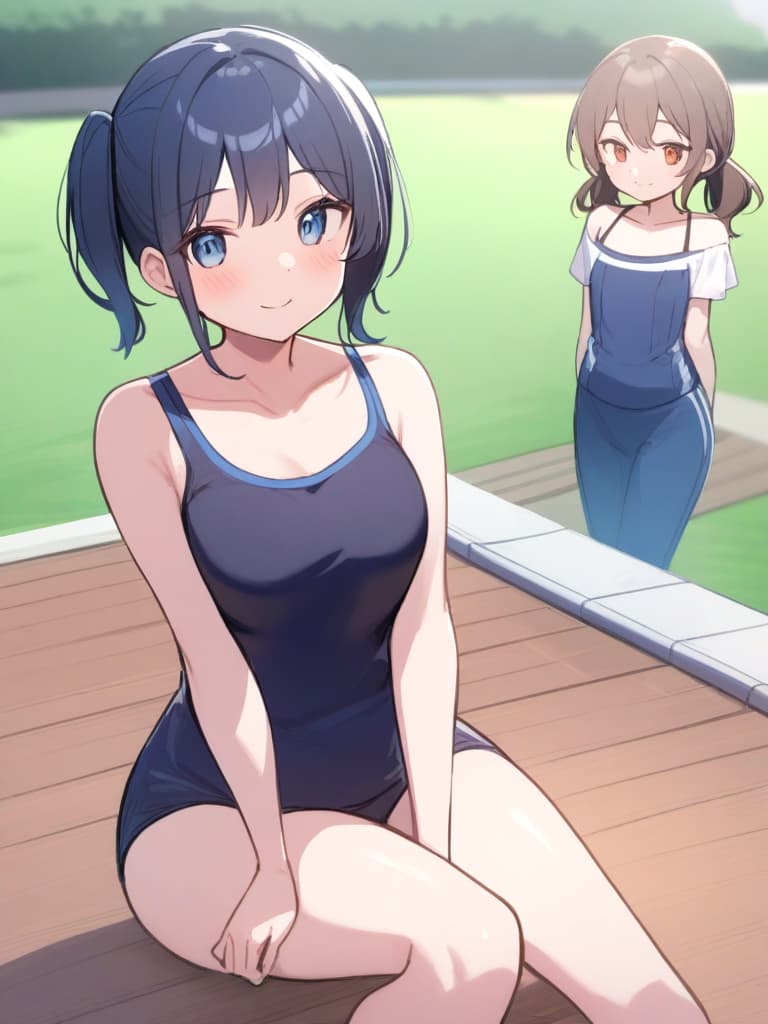  women's elementary students, twin tails, cute smiles, rich s, low stature, dark blue swimwear, old swimwear, swimwear, simple, male, shaped pulp, shaped clear philosophy, shaped clear man, front, front, whole body , poolside,