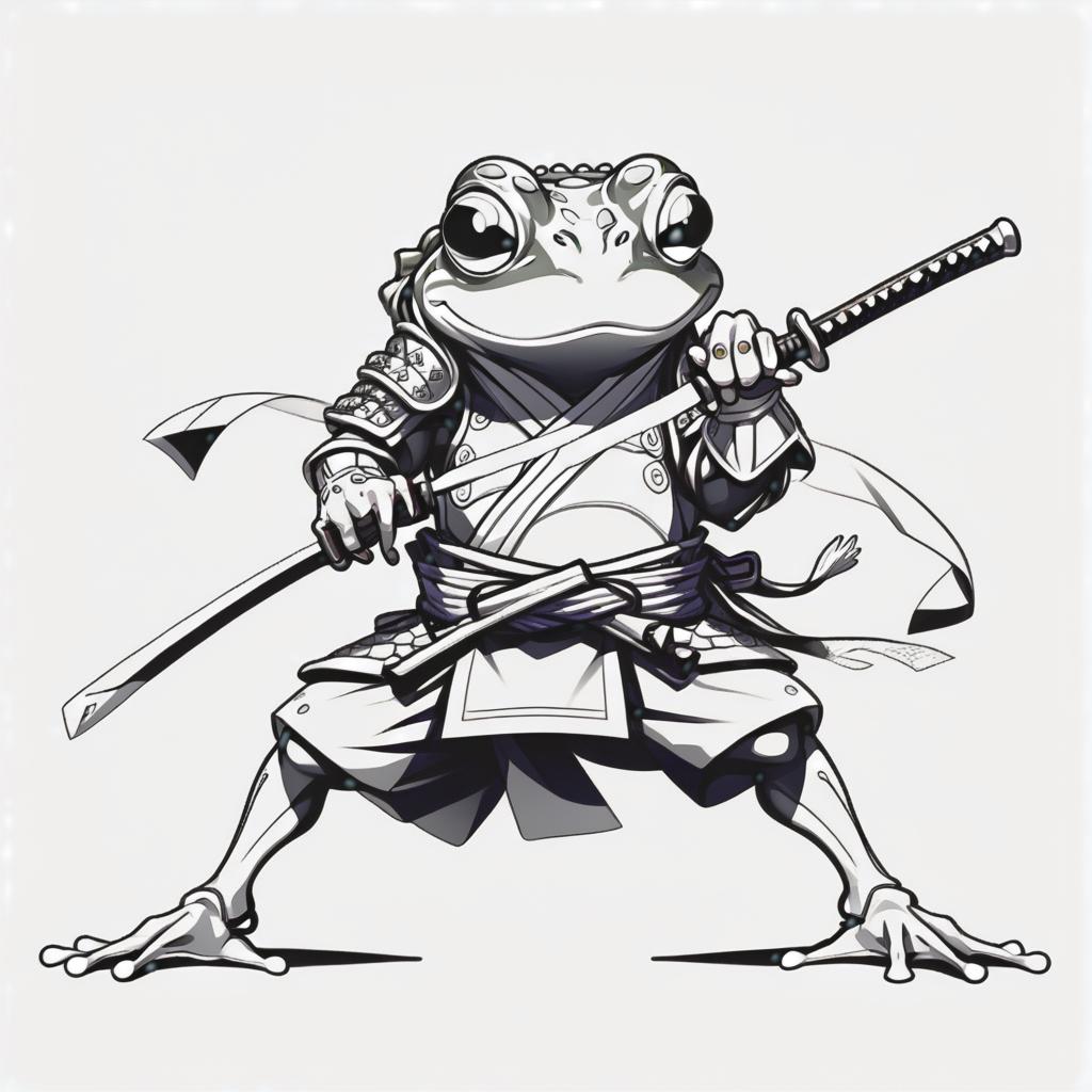  line art drawing samurai frog, battle pose, same nightmare. anime style . professional, sleek, modern, minimalist, graphic, line art, vector graphics