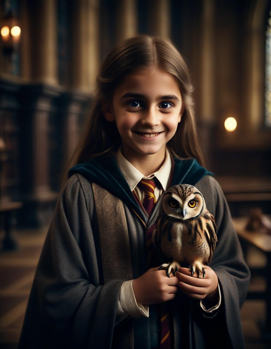  cinematic film still a little student in hogwarts with an owl. smiles. . shallow depth of field, vignette, highly detailed, high budget, bokeh, cinemascope, moody, epic, gorgeous, film grain, grainy