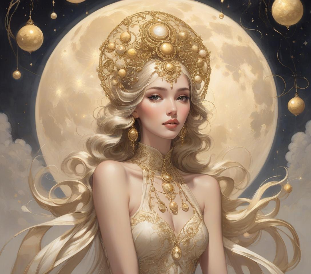  an elegant woman adorned with a sophisticated headpiece featuring gold orbs and swirling beige accents against a lunar backdrop. photo mage, searching for non obvious connections happiness is realized only after it has already happened, happiness is always in the past. happiness can only be remembered! in the style of dan quintana