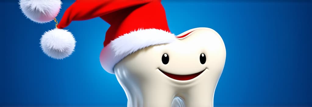  epic realistic, hyperdetailed, (cycles render:1.3), caustics, (glossy:0.58), (artstation:0.82),white smiling tooth in santa's hat on the left side of image against blue background ar 3:1