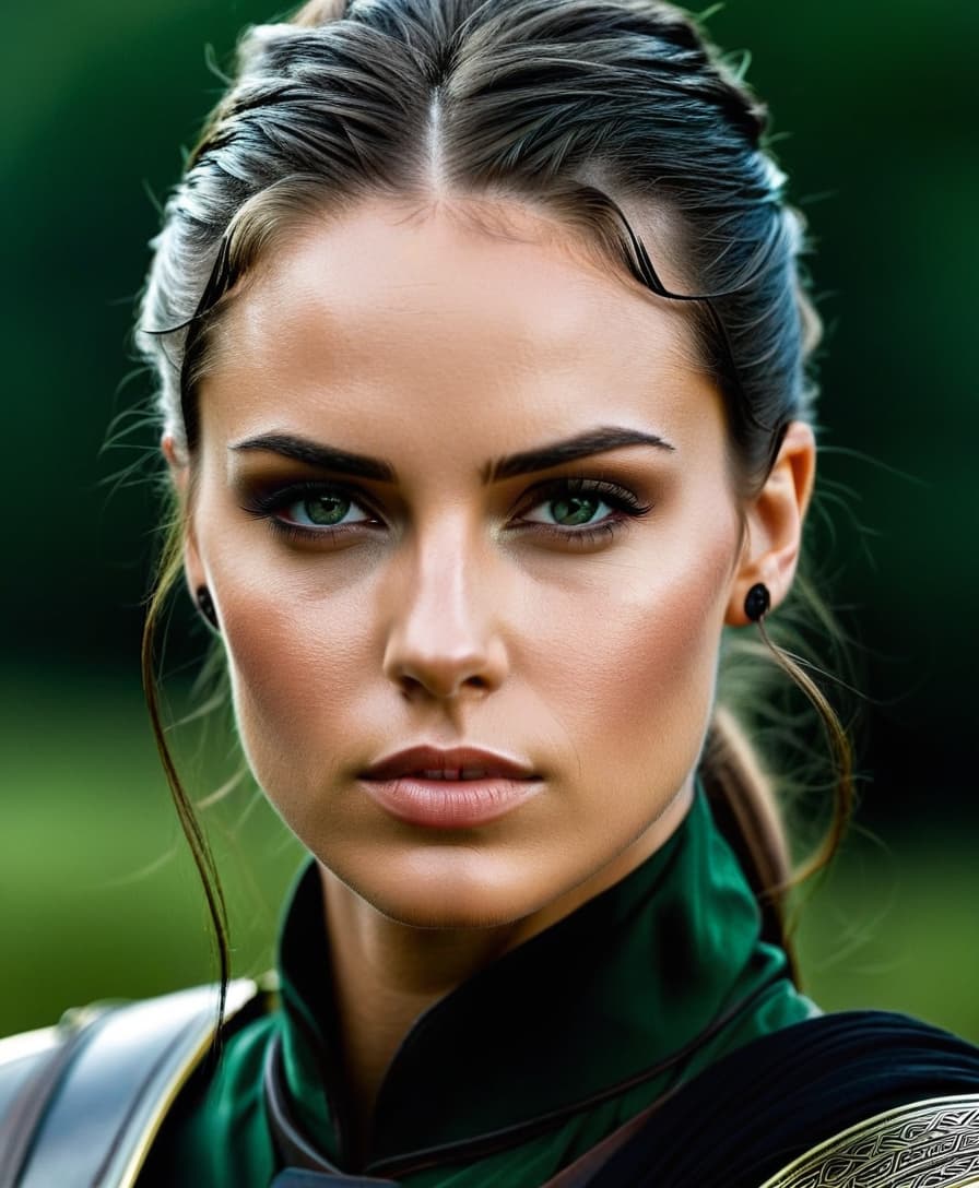  cinematic photo create a highly detailed portrait of a young female warrior with striking features. she has a slender, angular face with high cheekbones and a sharp jawline. her skin is fair and smooth, with a few faint scars on her left cheek, hinting at her battle hardened experience. her eyes are almond shaped and a deep, piercing green, giving her an intense, focused expression. her gaze is serious, almost stern, reflecting her determination and inner strength. her eyebrows are dark and well defined, arching slightly to add to her determined look. her hair is dark brown, almost black, and is cut short, framing her face in a slightly tousled style. a small section of her hair is tied back with a thin, silver circlet adorned with a dark