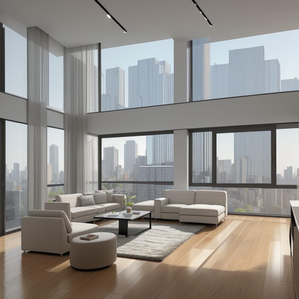  masterpiece, best quality, Best Quality, Masterpiece, 8k resolution,high resolution concept art of an apartment living room with floor to ceiling windows and modern furniture