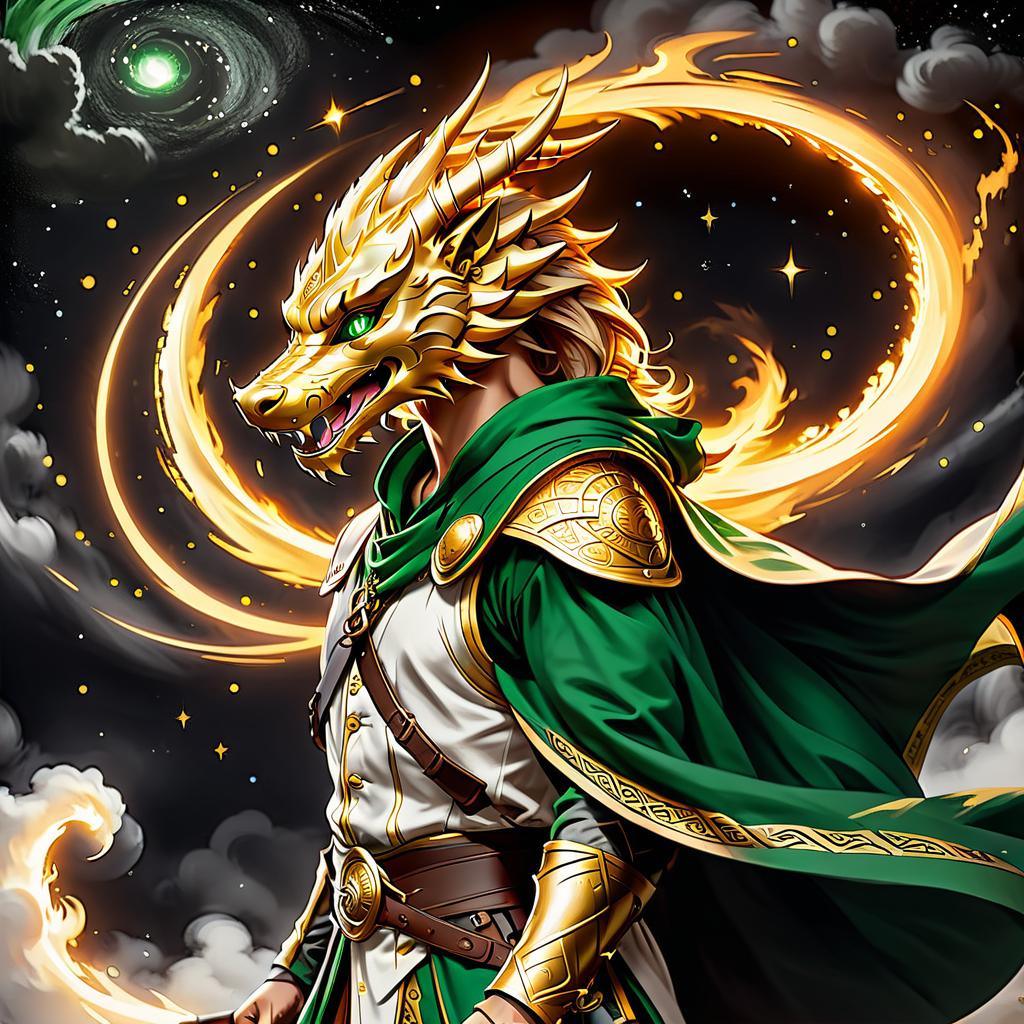  concept art realism style. very precise detail. the full length image is located within the frame. double plan. image in a fire gold patterned frame made in celtic style. (nearby plan). image vector from left to right. an elf archer dressed in a white shirt, brown sleeveless and green cape with a hood shoots from a bow. in the sky you can see stars, comets and galaxies. (second plan). vector left to right. a dragon with a golden skin flies in the black sky. the golden dragon has two golden wings on its back and carries a scroll with golden letters in its paw. . digital artwork, illustrative, painterly, matte painting, highly detailed, glowneon, on parchment