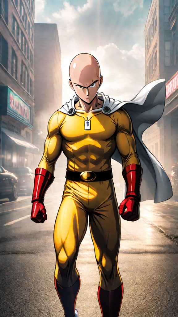  create an anime art of saitama from 'one punch man' as a god like figure with divine powers. hyperrealistic, full body, detailed clothing, highly detailed, cinematic lighting, stunningly beautiful, intricate, sharp focus, f/1. 8, 85mm, (centered image composition), (professionally color graded), ((bright soft diffused light)), volumetric fog, trending on instagram, trending on tumblr, HDR 4K, 8K