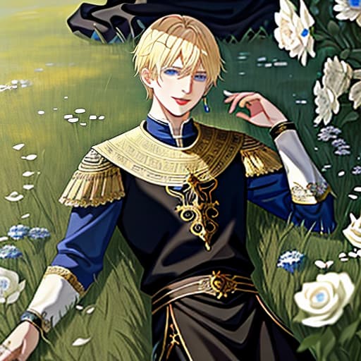  the blue eyed god is a blond man with short hair in a black cloth deity's clothes lying in the grass and smiling, (intricate details:0.9), (hdr, hyperdetailed:1.2)