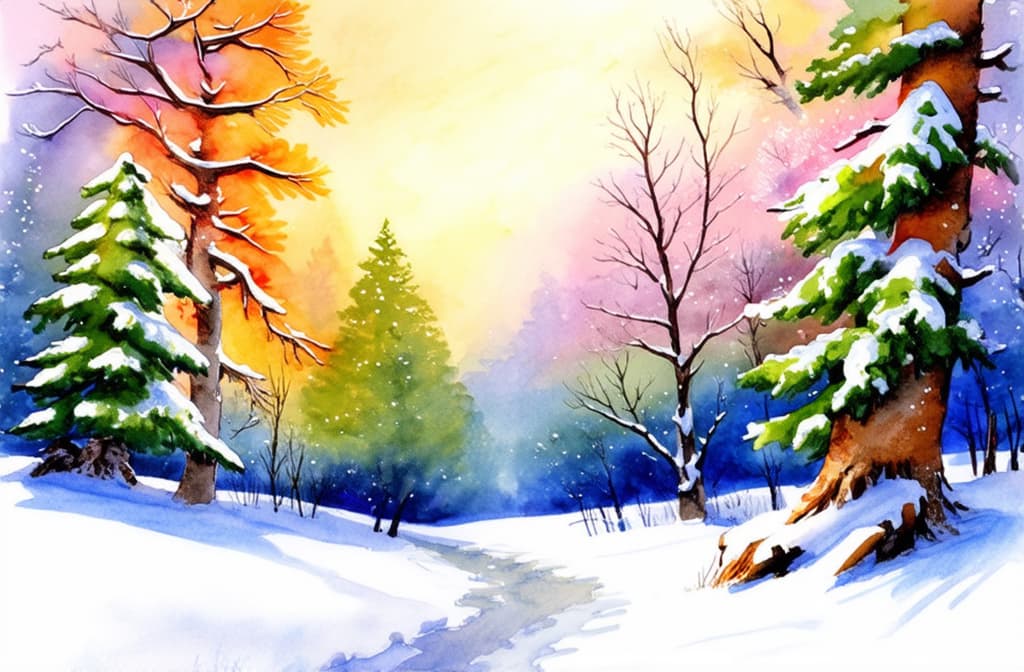  artwork winter landscape, winter fairy tale in the forest ar 16:9 ar 3:2, watercolor techniques, featuring fluid colors, subtle gradients, transparency associated with watercolor art