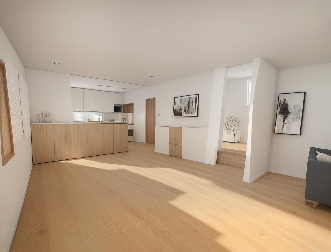  produce a photorealistic rendering of a minimalist living room with a wooden floor. the space should feature a simple, modern sofa as the focal point, with clean lines and neutral colors that complement the natural wood grain of the flooring.