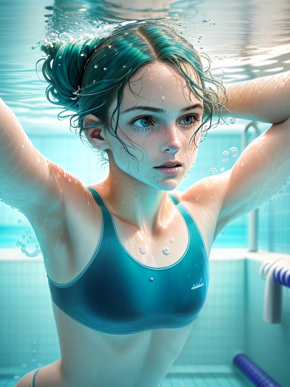  swimmer athlete under water, in a turquoise short top, facing the lens swims to the finish line, face open, no glasses on the face, beautiful, hair tied in a bundle, photorealism, detailed study of the body, clear pool water, photo 16k., faded , vintage , nostalgic , by jose villa , elizabeth messina , ryan brenizer , jonas peterson , jasmine star