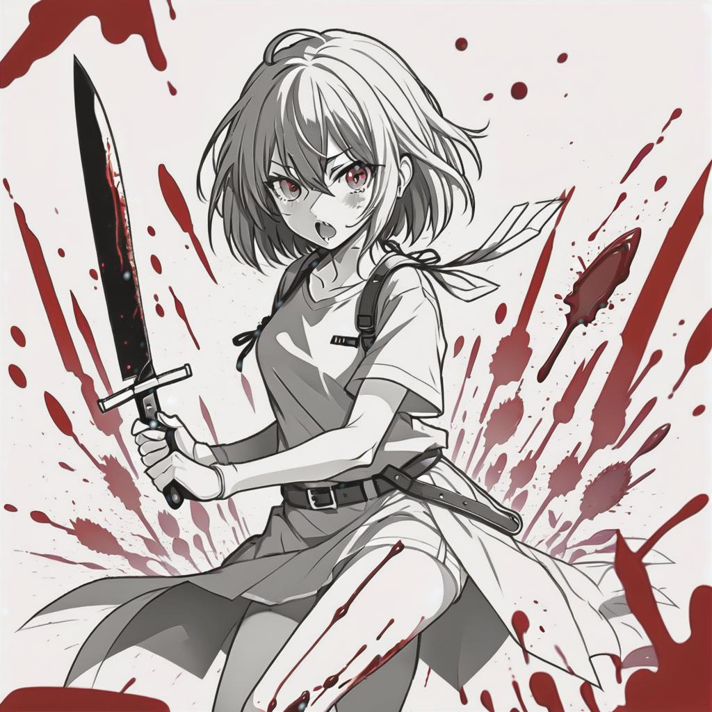  line art drawing girl with knife, battle pose blood everywhere, same nightmare. anime style . professional, sleek, modern, minimalist, graphic, line art, vector graphics