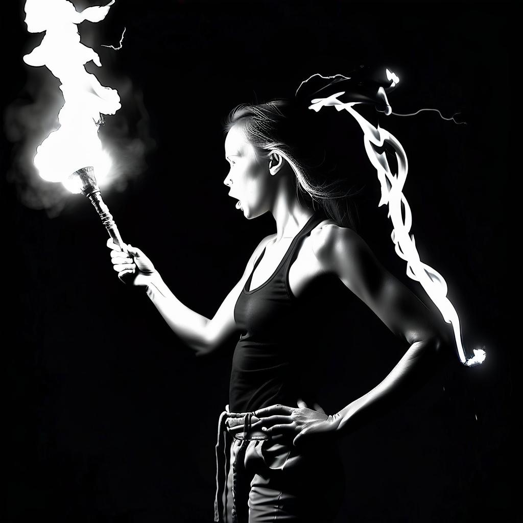  monochrome the girl is doing a fire show. fire breather . there is a torch in his hand. lightning strikes all around . black and white, contrast, tone, texture, detailed