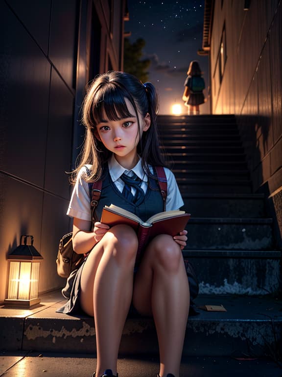  master piece, best quality, ultra detailed, highres, 4k.8k, Schoolgirl, Sitting on steps, reading a book, Serene, BREAK Innocent schoolgirls, School staircase, Books, backpacks, school supplies, BREAK Quiet and studious, Soft lighting, peaceful ambiance, starry,strry light,night,colorful,cloud