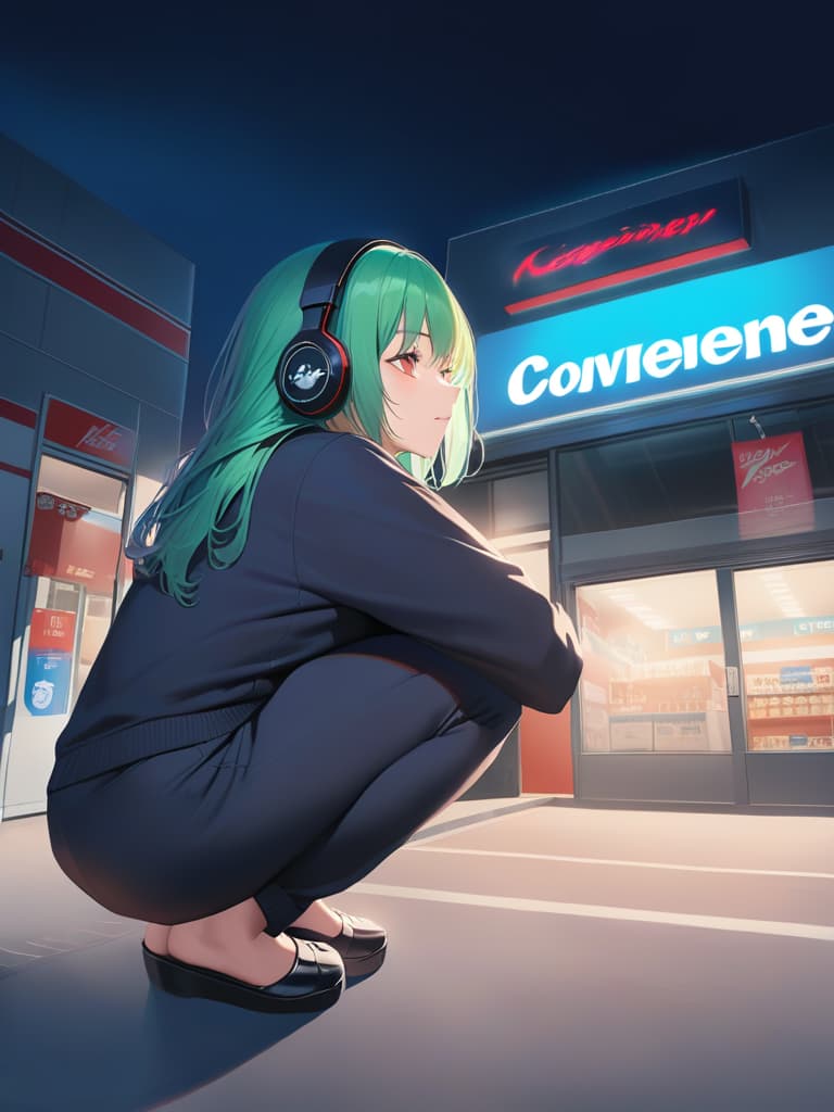  1girl,green hair,up angle,(((headphone))),(((black jogging suits))),(((squatting:1.3))),(((outside the convenience store at night:1.5))),realistic