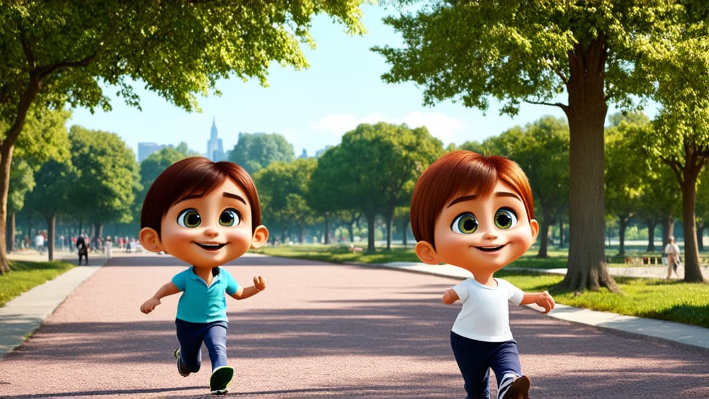  big head, big eyes, caricature, a caricature, rendering, (figurativism:0.8), cartoon characters running in the park ar 16:9, epic realistic, pixar style, disney, (cycles render:1.3), caustics, (glossy:0.58), (artstation:0.2), cute