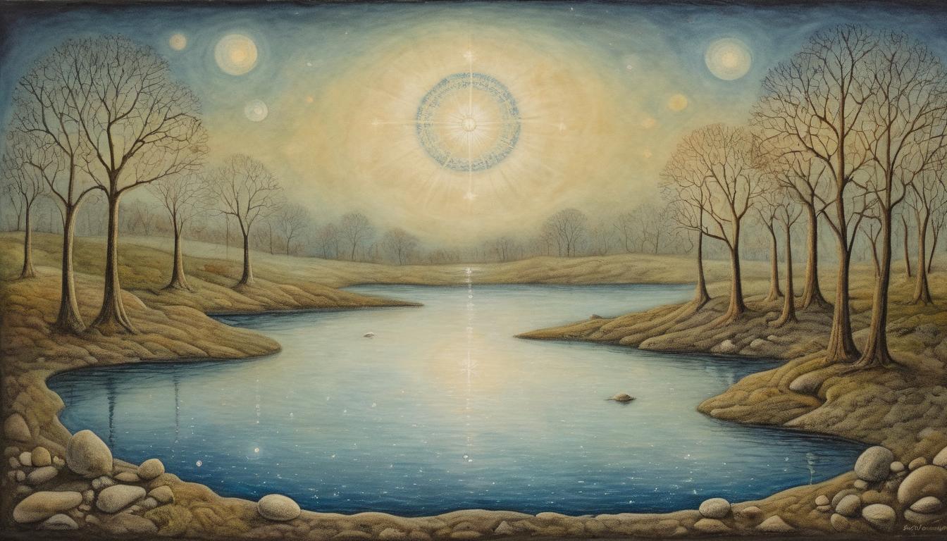  on parchment, surrealism++, a tranquil pond, with small stones rippling outward, star filled sky reflecting on the water's surface, divine calmness, sense of connection, ethereal illumination(mysterious, provocative, symbolic)++