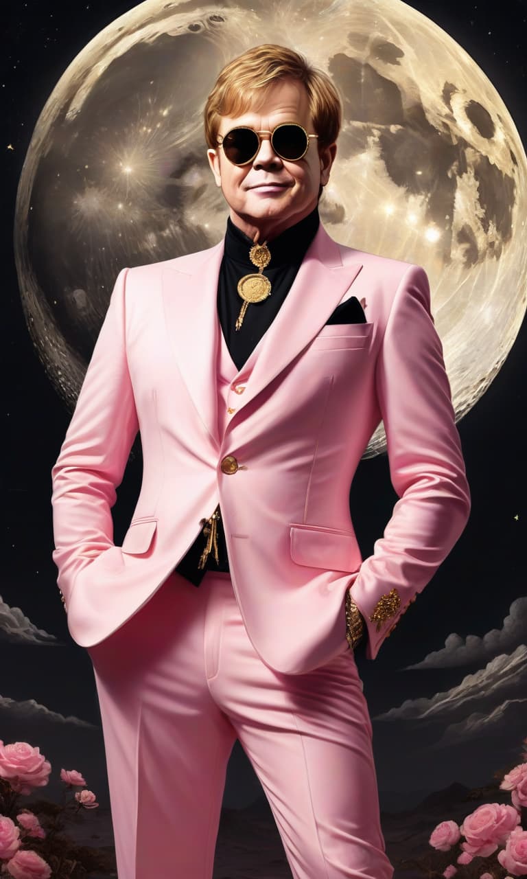  concept art pink, gold, black, white amid the huge golden moon of elton john . digital artwork, illustrative, painterly, matte painting, highly detailed, perfect hands