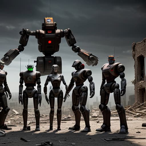  in the ruins of the apocalypse war, a team of robots are working.