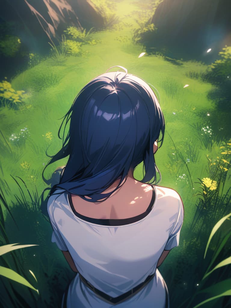  white dresses, looking up, looking up, grass, blue hair, from back, best quality, masterpiece, ultra detailed, healing, healing.