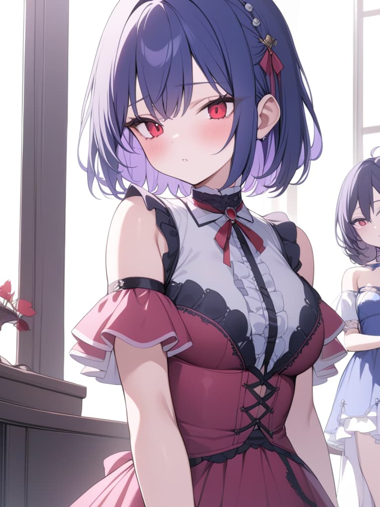  blue purple hair, bob hair, short hair, pink dress, red eye, vampire, devil feathers, girls, young ladies, girls, dresses, dresses on ribbons, lolita, masterpiece, best quality,8k,ultra detailed,high resolution,an extremely delicate and beautiful,hyper detail