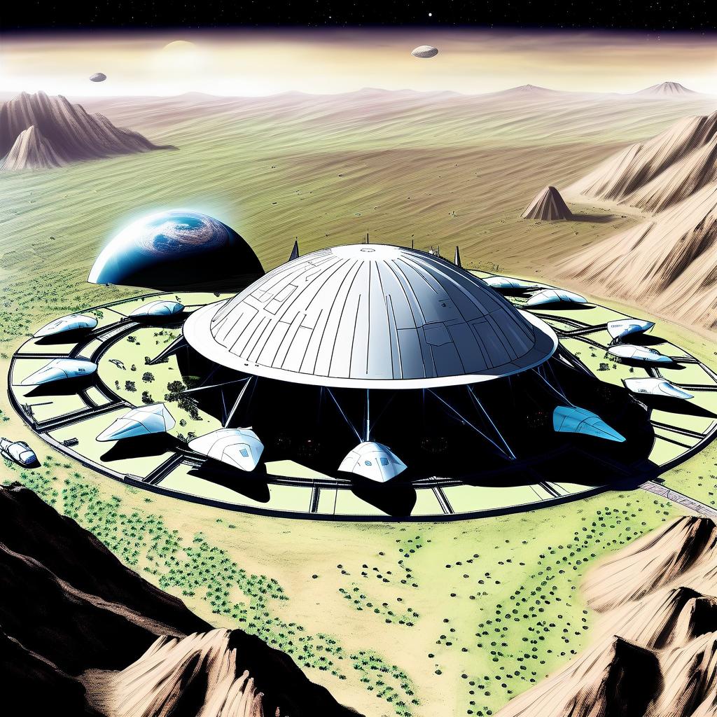  a huge base built in a crater on the dark side of the moon. spaceplanes park at the orbiting station, while robots and researchers explore ancient alien artifacts. around the base are domes with greenhouses where people grow plants to populate other planets.