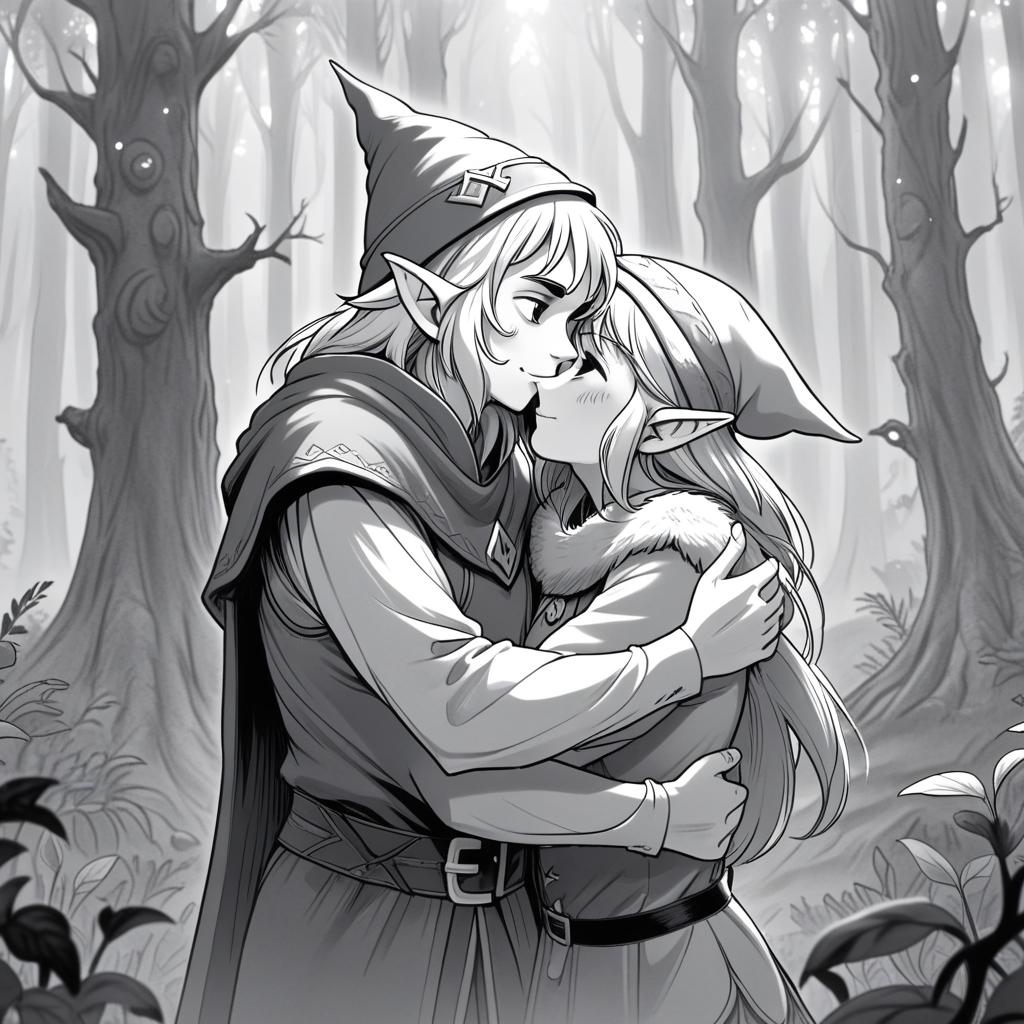  manga artwork fantasy, greyscale monochrome, manga materials, young female elf hugging elder gnome with conus hat in the middle of misty forest, frontal perspective, middle horison point. manga artist. manga, highly emotional. best quality, high resolution