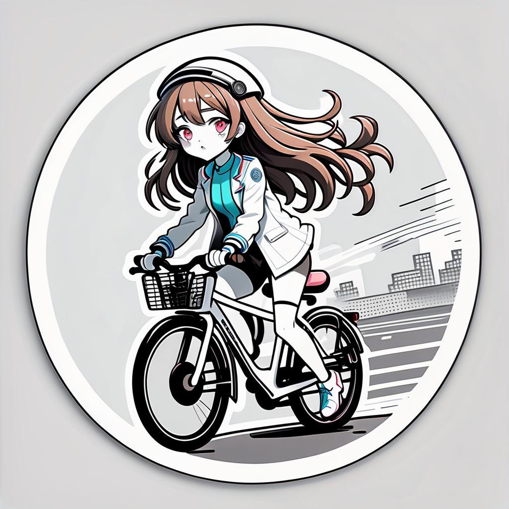  line art drawing anime girl on a bicycle, round sticker . professional, sleek, modern, minimalist, graphic, line art, vector graphics, sticker