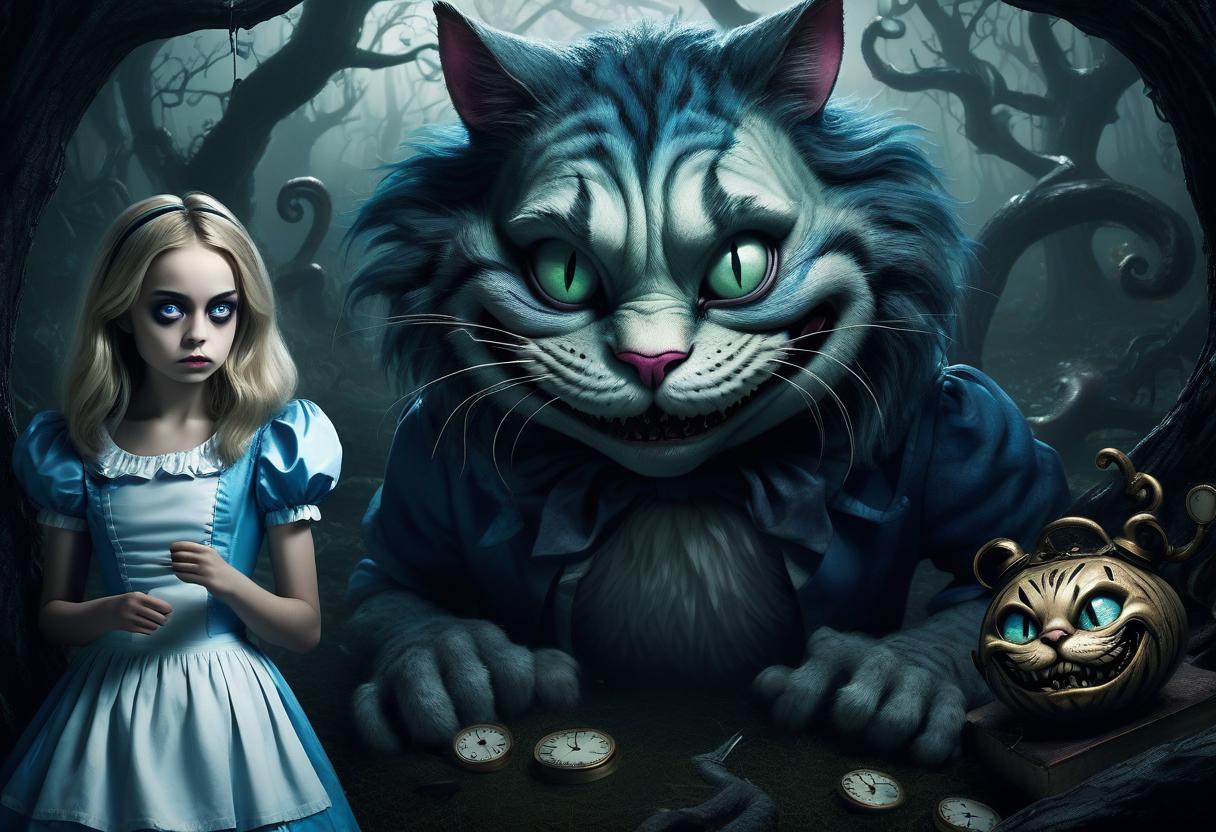  horror themed alice in wonderland, alice and the cheshire cat, sadness, death . eerie, unsettling, dark, spooky, suspenseful, grim, highly detailed, hkmagic