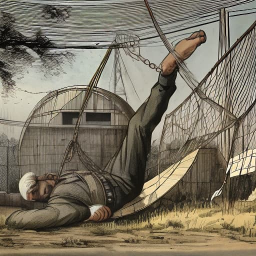  One man's feet became entangled in the wire on the ground, causing his body to be driven to rotate with the drum.，