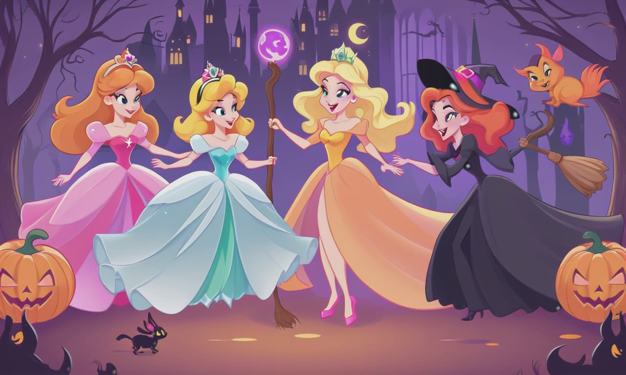  cartoon princesses playing with witches