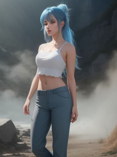  A barefoot girl Blue hair , barefoot , grey eyes,long pants,cowboy, High quality, High resolution, highly detailed, cinematic lighting, intricate, sharp focus, (centered image composition), (professionally color graded), ((bright soft diffused light)), volumetric fog, trending on instagram, HDR 4K, 8K