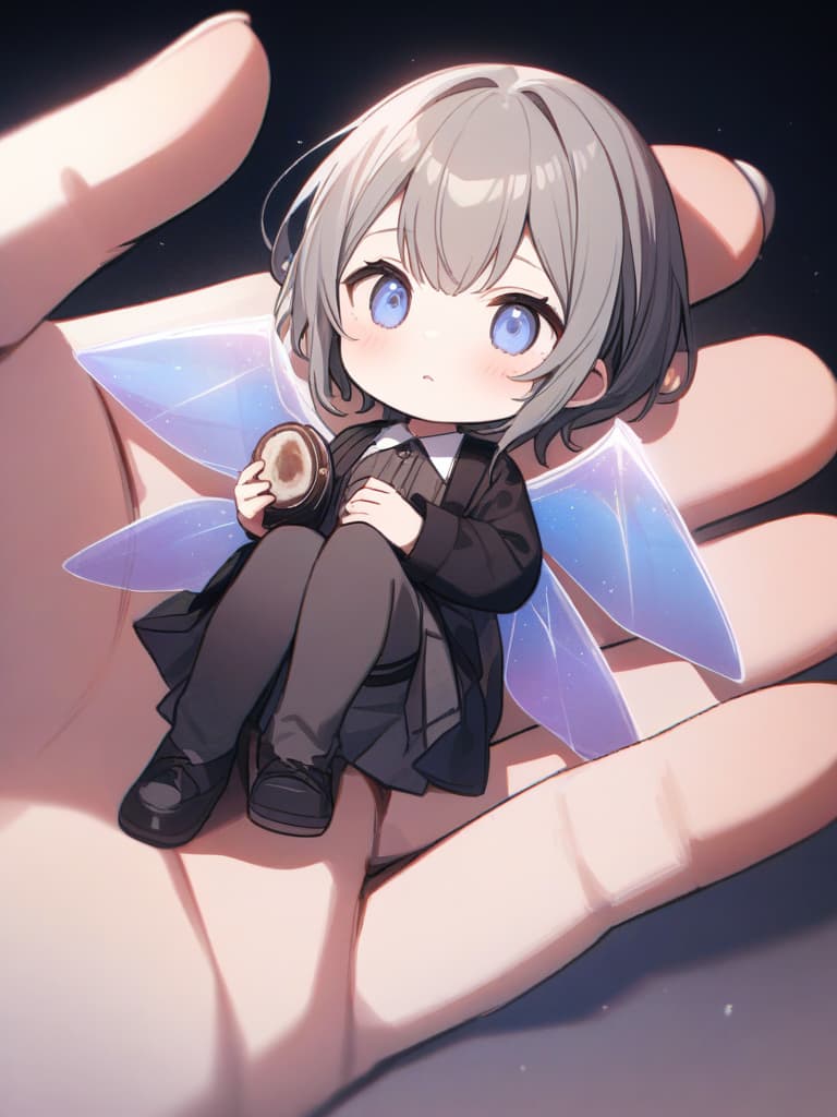  masterpiece,small cute fairy,wings on her back,wearing many pale light particles,translucent,in the palm of her hand,high quality,super resolution,super detailed,8k