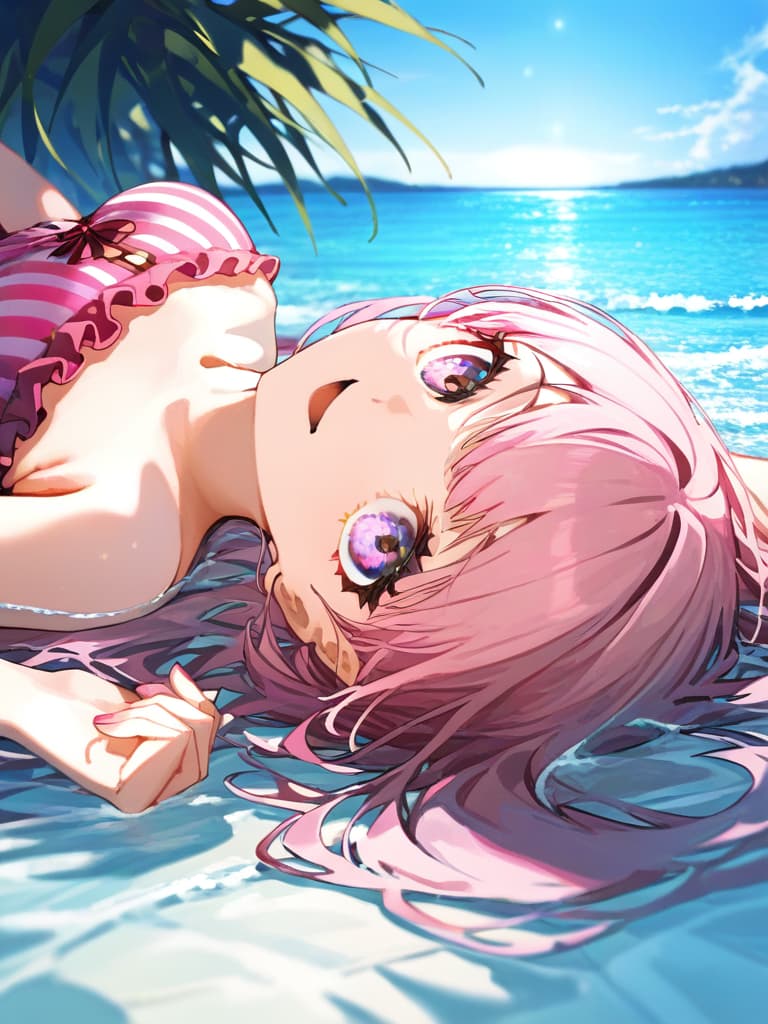  ultra detailed:1.2,masterpiece:1.2,best quality,masterpiece,bestquality,hdr:1.1,8k:1.1,very cute girl:1.3,(pink color,frill ,swimwear:1.6),(lying on side,at striped float bed on sea:1.8) ,smile:1.4 ,(blonde hair,twin tail,drill hair:1.3) ,(on the sea:1.7),upper body:1.3,dutch angel:1.5,open mouth,(upside down:1.7)(from above:1.1)((eyes highlight:1.1))