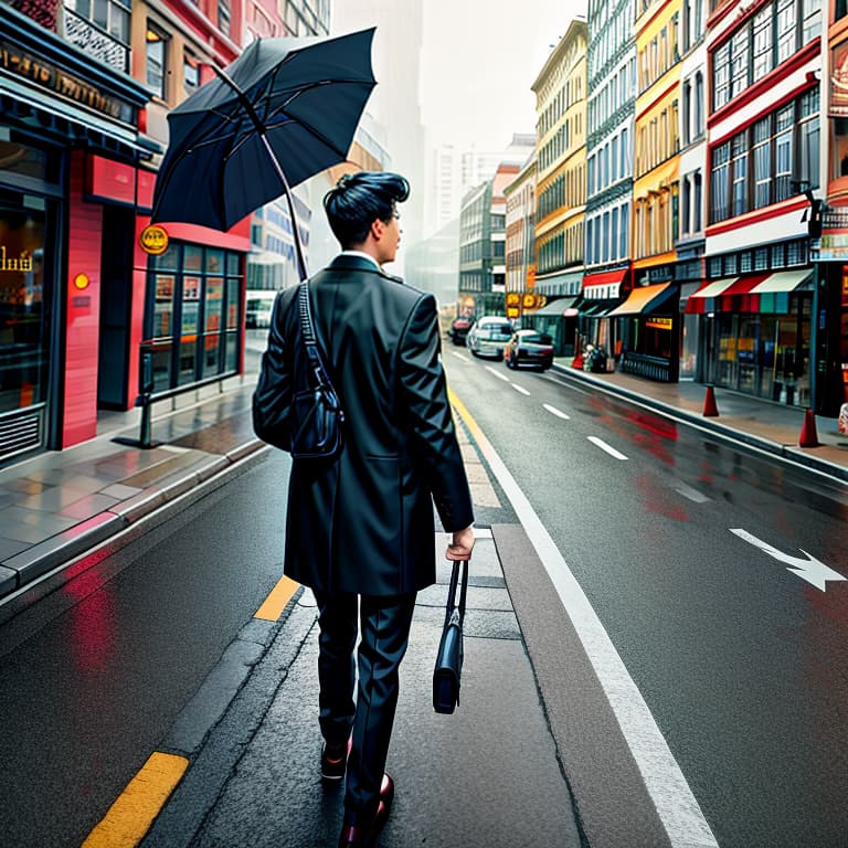  a boy walking on the street with an umbrella can only see his back, hyperrealistic, full body, detailed clothing, highly detailed, cinematic lighting, stunningly beautiful, intricate, sharp focus, f/1. 8, 85mm, (centered image composition), (professionally color graded), ((bright soft diffused light)), volumetric fog, trending on instagram, trending on tumblr, HDR 4K, 8K