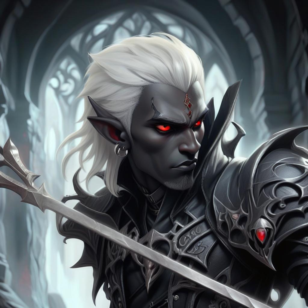  gothic style drow male elf cleric, graphite color skin, red eyes, silver medium haircut, black leather jacket, dark cave temple . dark, mysterious, haunting, dramatic, ornate, detailed