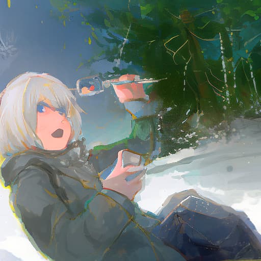  frost katie, a girl who freezes her eyes, with blond hair, holding an ice covered phone in her hand, all around her is snow, drawn in pencil