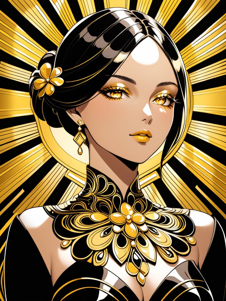  Golden yellow and sleek black color palette, captivating and inviting expression, exuding elegance and charm, magnetic beauty, intricate details, high contrast, luxurious feel, digital art, female, glossy finish, striking composition, dynamic lighting to enhance features.