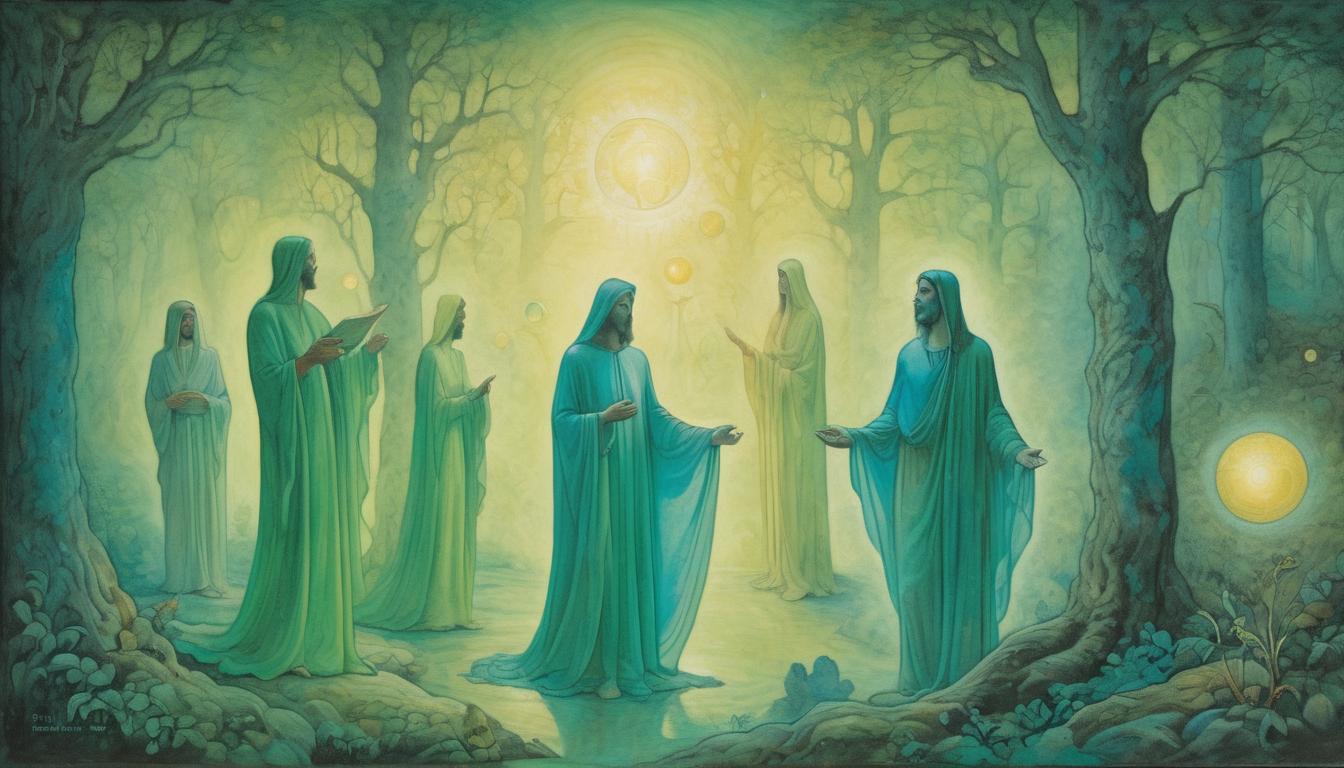  on parchment, surrealism++, group of luminous figures, each with an ethereal glow, standing in a mist filled, ancient forest, figures adorned in flowing robes, context of hidden wisdom and purity, glowing orbs hover nearby, mystical and serene, sapphire and emerald hues.(mysterious, provocative, symbolic)++