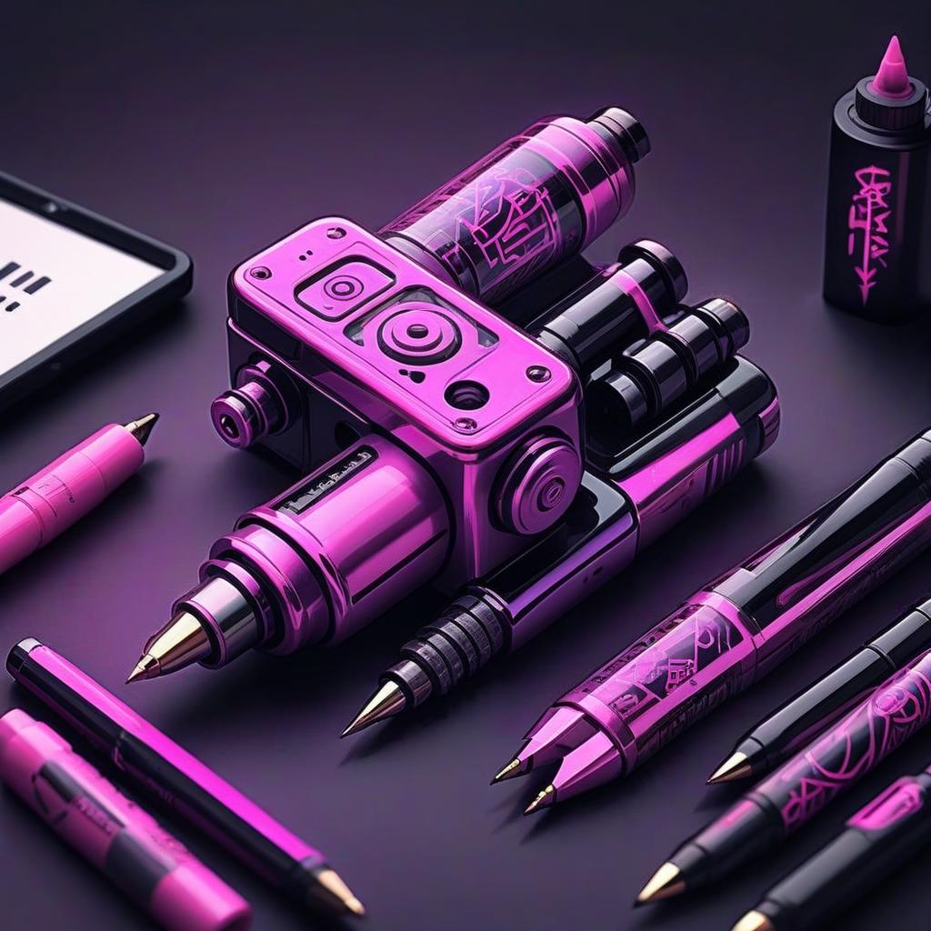  neonpunk style draw a rotary pen tattoo machine pink . cyberpunk, vaporwave, neon, vibes, vibrant, stunningly beautiful, crisp, detailed, sleek, ultramodern, magenta highlights, dark purple shadows, high contrast, cinematic, ultra detailed, intricate, professional, logo