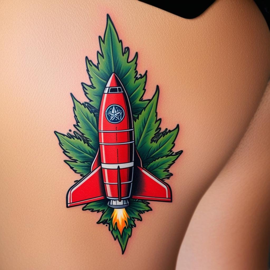  pioneer grandmother riding a red rocket launching into space holding a pickle smoking marijuana,(tattoo), (tattoo design on the back of human body)